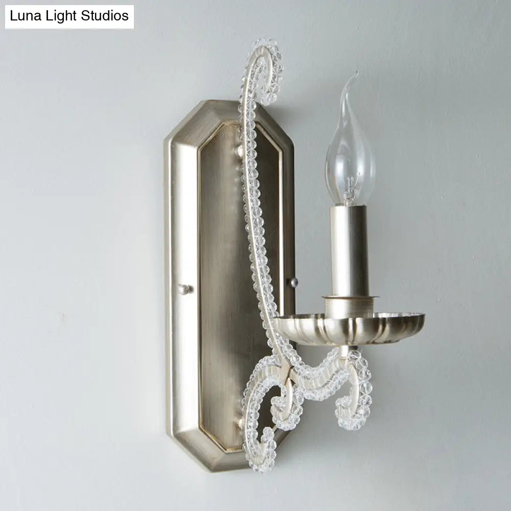 Silver Crystal Beaded Wall Lighting Fixture: Elegant Rustic Candlestick Lamp For Corridor