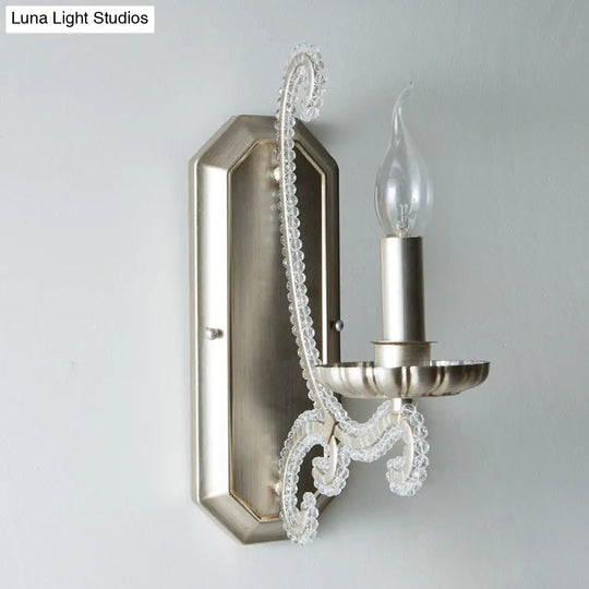 Silver Crystal Beaded Wall Lighting Fixture: Elegant Rustic Candlestick Lamp For Corridor