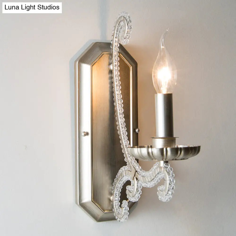 Silver Crystal Beaded Wall Lighting Fixture: Elegant Rustic Candlestick Lamp For Corridor