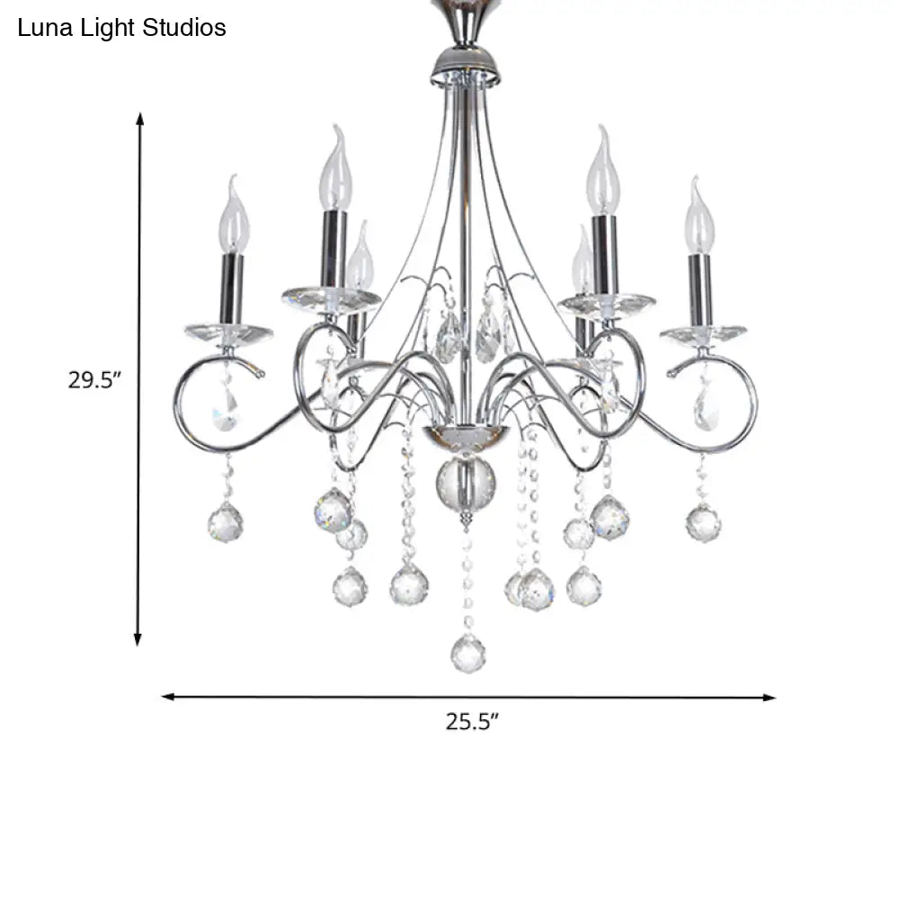 Silver Metal Chandelier With Crystal Ball Décor - 6 Heads Traditional Candle-Style Lighting For