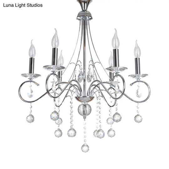 Silver Metal Chandelier With Crystal Ball Décor - 6 Heads Traditional Candle-Style Lighting For