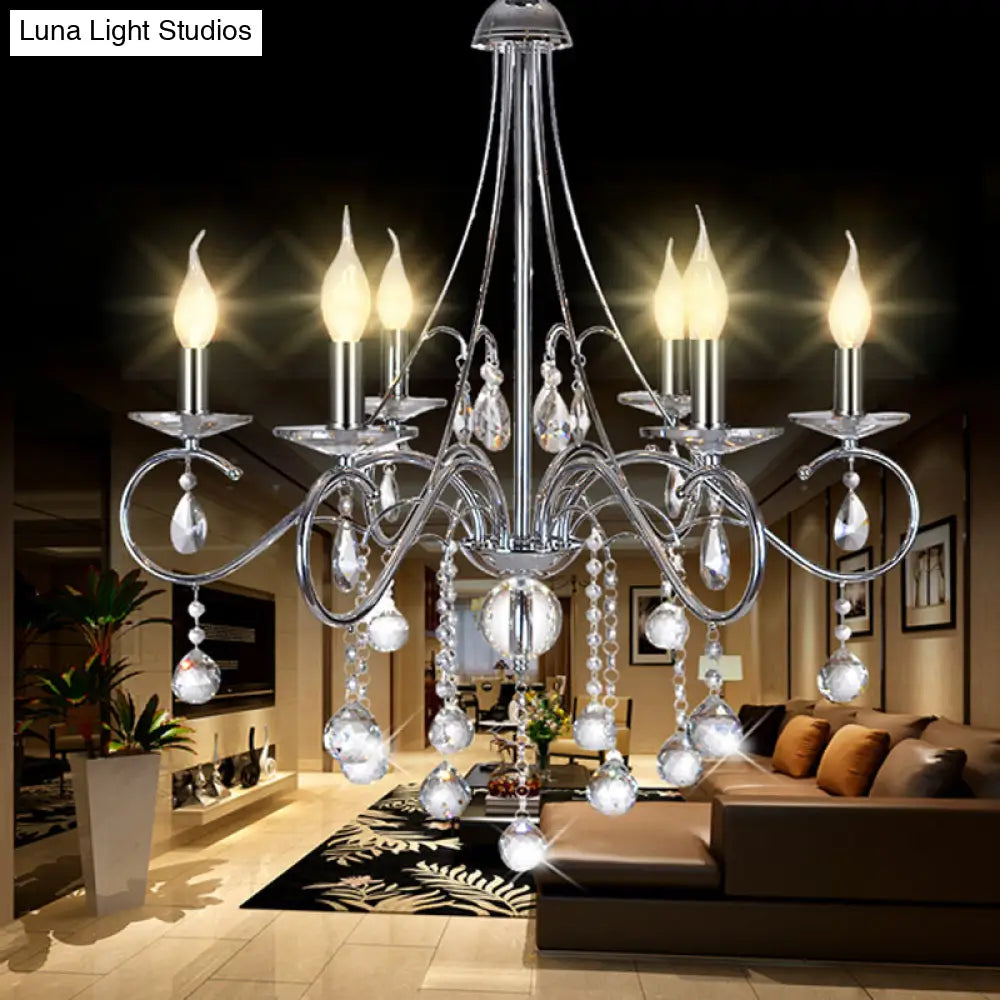 Silver Metal Chandelier With Crystal Ball Décor - 6 Heads Traditional Candle-Style Lighting For