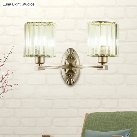 Silver Modern Cylinder Crystal Wall Light Fixture For Living Room - 1/2 Lights Sconce