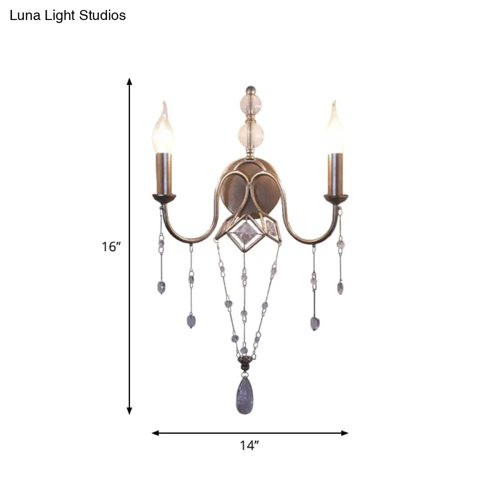 Silver Rustic Metal Candle Wall Sconce With Crystal Bracelet Décor - 2 Head Living Room Lighting