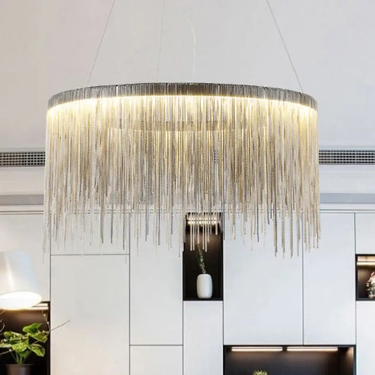 Silver Tassel Chain Pendant Lamp Modernist Metal Ceiling Chandelier In Round Shape