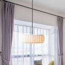 Simple 3-Bulb White Pendant Chandelier With Fabric Ribbed Wheel Design For Table