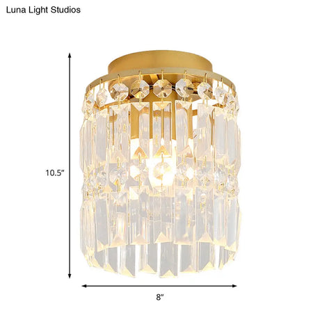 Simple Black/Gold Cylinder Crystal Ceiling Flush Mount - 1-Light Corridor Mini Lamp