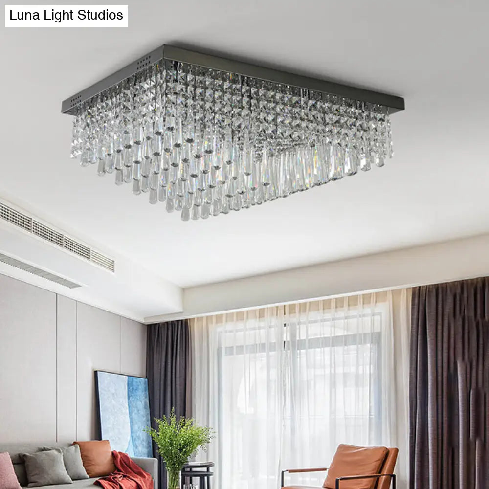 Simple Crystal Led Flush Mount For Living Room - Nickel Rectangle Ceiling Light
