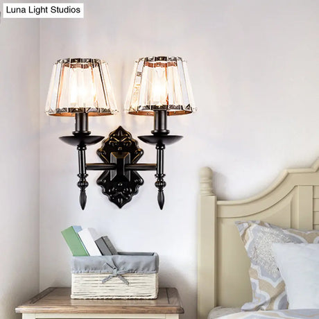 Simple Crystal Prisms Cone Wall Lamp - Black Candlestick Design 1/2-Head Light