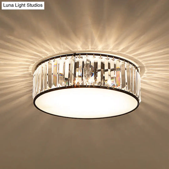 Simple Crystal-Shaded Drum Flush Mount Lamp - Black/Bronze 3/4/5-Light Fixture For Bedrooms Ceiling