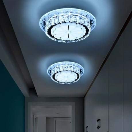 Simple Drum Clear Crystal Flush Mount Lighting With 5 Lights – White Acrylic Shade For Corridor