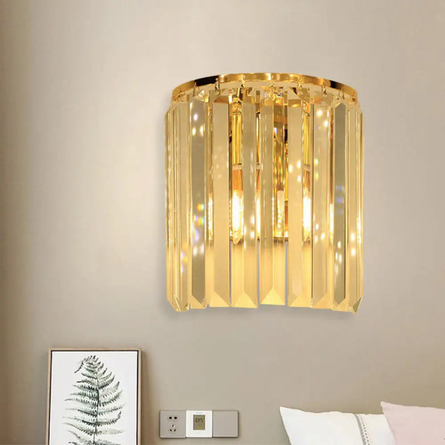 Simple Gold Wall Sconce With Semi Cylindrical Crystal Block - 1 Head Mounted Light Fixture