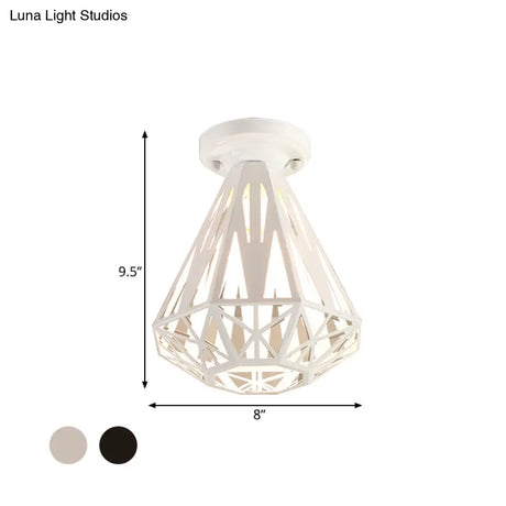 Simple Small Diamond Cage 1-Light Flush Mount Iron Ceiling Light In Black/White