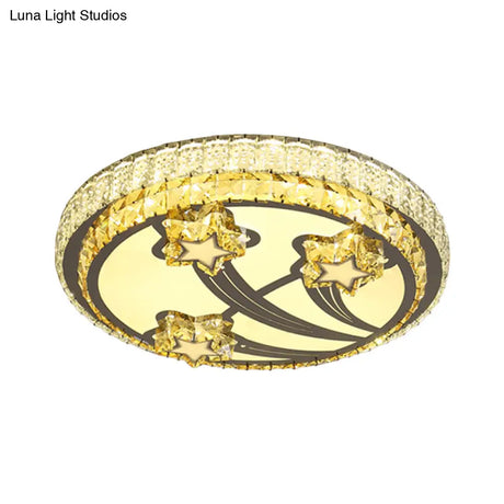 Simple Style 2 - Tier Round Led Flush Ceiling Light With White Faceted Crystal Star Design