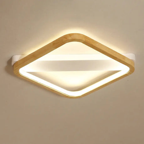 Simple Style Beige Led Ceiling Lamp For Bedroom - Wood Square Flush Light Fixture 13’/17’/21’
