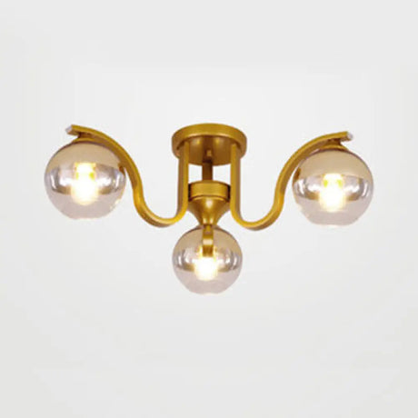 Simple Style Study Room Ceiling Light - Globe Shade Clear Glass 3 Lights Semi Mount Gold