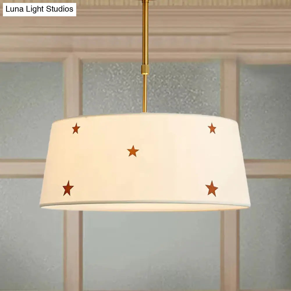Simple Style White Fabric Drum Chandelier - Adult Bedroom Pendant Light With Star Design
