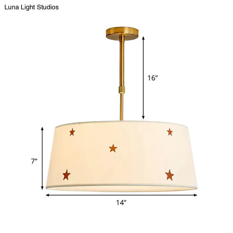 Simple Style White Fabric Drum Chandelier - Adult Bedroom Pendant Light With Star Design