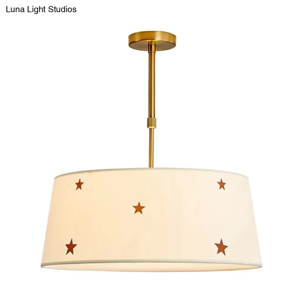 Simple Style White Fabric Drum Chandelier - Adult Bedroom Pendant Light With Star Design