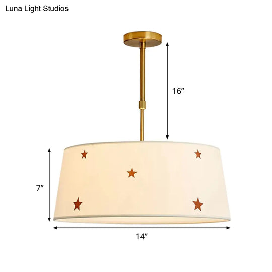 Simple Style White Fabric Drum Chandelier - Adult Bedroom Pendant Light With Star Design