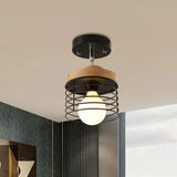 Simple Stylish Iron Drum Cage Flush Ceiling Light - Rotatable 1 Lamp For Balconies Black