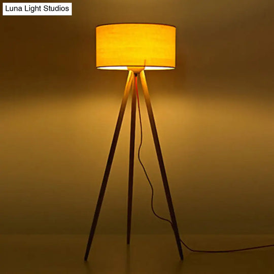 Simple Wooden Led Floor Lamp With Cylinder Shade Ideal For Bedroom - Beige