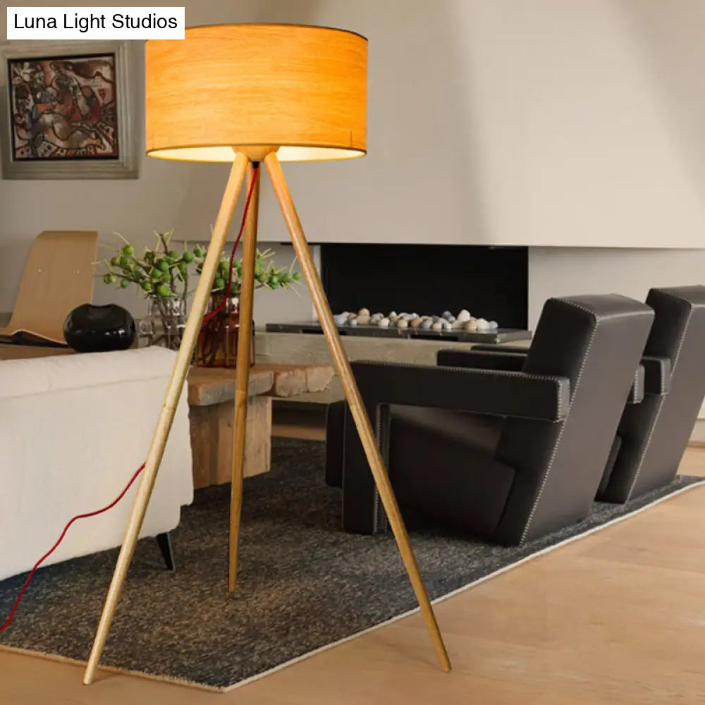 Simple Wooden Led Floor Lamp With Cylinder Shade Ideal For Bedroom - Beige