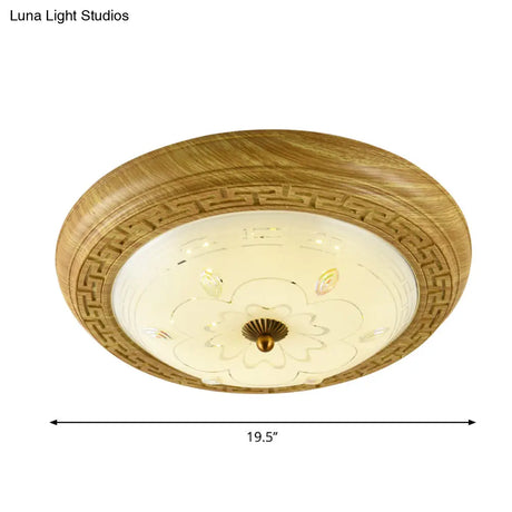 Simple Wooden Led Flushmount Ceiling Light With Dome Glass Shade - Yellow - Brown Circle 14’/19.5’ W