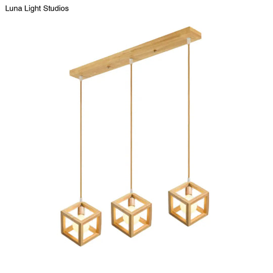 Simple Wooden Square Pendant Light With 3 Multi-Lights For Kitchen