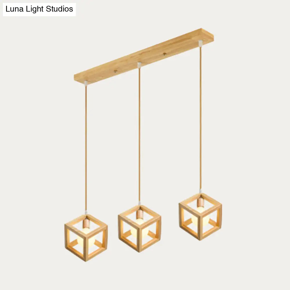 Simple Wooden Square Pendant Light With 3 Multi-Lights For Kitchen Wood / Linear