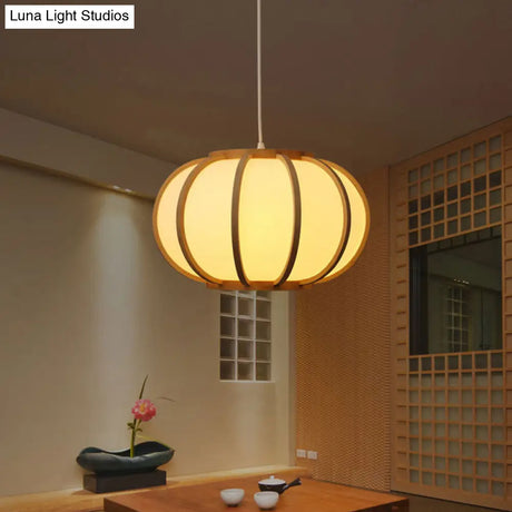 Simplicity Bamboo Curved Drum Suspension Pendant Light - 1-Light Tea Room Wood Design