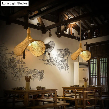 Simplicity Bamboo Pendant Light - 1-Light Wood Woven Suspension Lighting For Tea Room