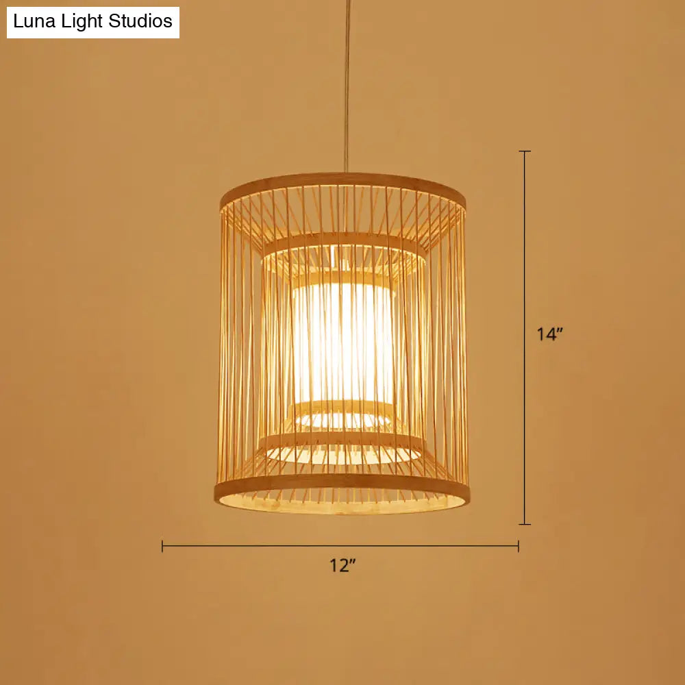 Simplicity Bamboo Tea Room Pendant Light: Cylindrical Suspension 1-Light Wood Fixture