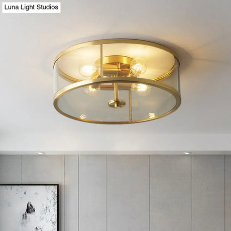 Simplicity Brass Clear Glass 4 - Bulb Drum Flush Ceiling Light For Bedroom
