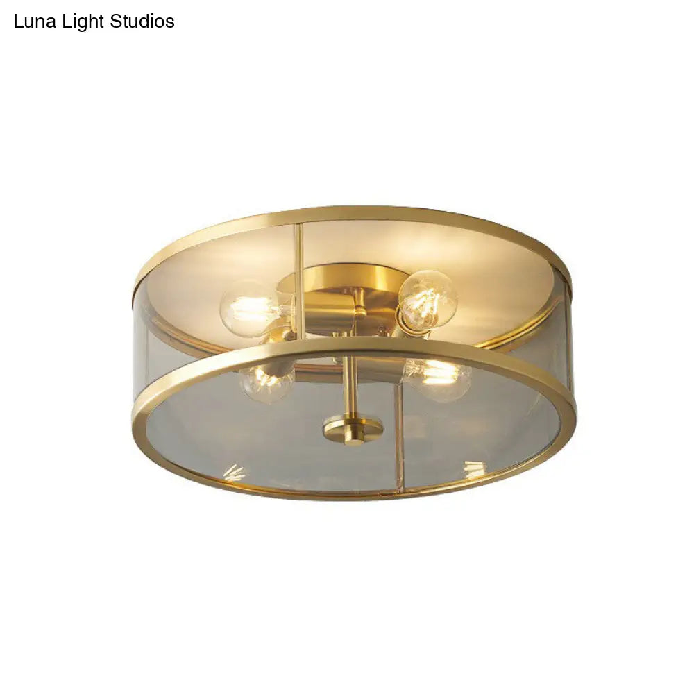 Simplicity Brass Clear Glass 4-Bulb Drum Flush Ceiling Light For Bedroom