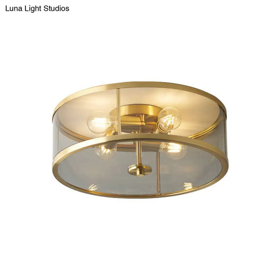 Simplicity Brass Clear Glass 4-Bulb Drum Flush Ceiling Light For Bedroom