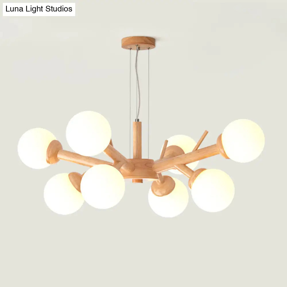 Simplicity Chandelier Light With Frosted Glass Shade Wood Branch Ceiling Lighting Fixture