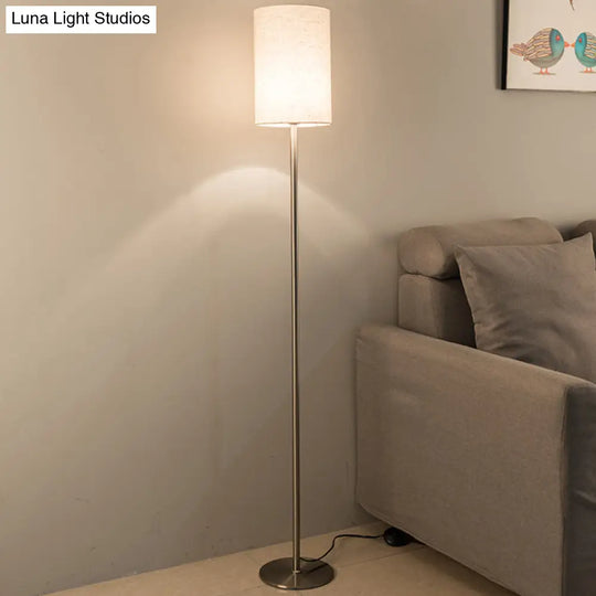 Simplicity Chrome Cylinder Floor Lamp - Single-Bulb Fabric Standing Light For Bedroom