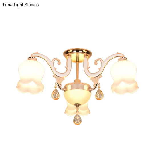 Simplicity Cream Glass Dining Room Ceiling Light With Gold Crystal Semi Flush - 4 Heads