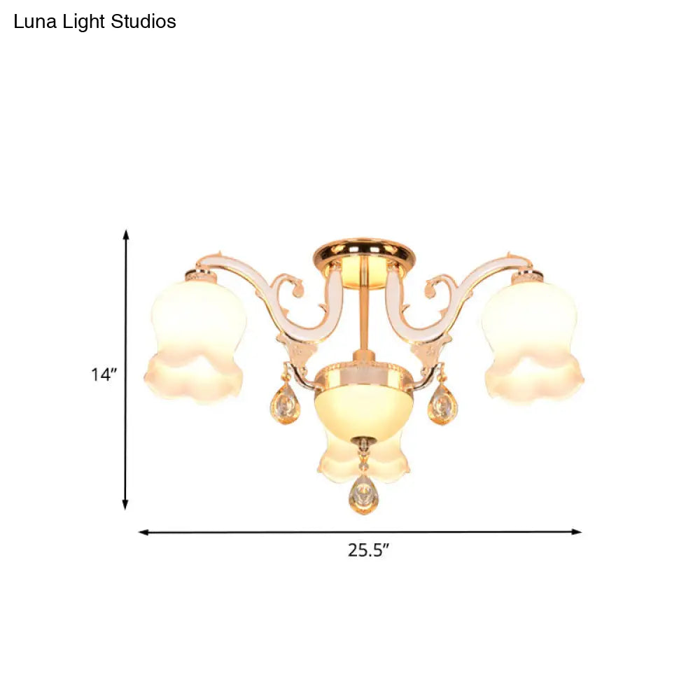 Simplicity Cream Glass Dining Room Ceiling Light With Gold Crystal Semi Flush - 4 Heads