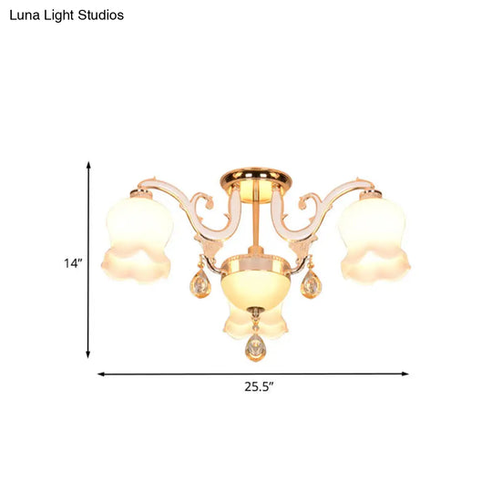 Simplicity Cream Glass Dining Room Ceiling Light With Gold Crystal Semi Flush - 4 Heads