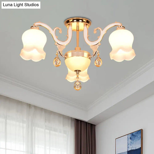 Simplicity Cream Glass Dining Room Ceiling Light With Gold Crystal Semi Flush - 4 Heads