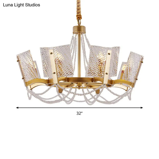 Sleek Beaded Pendant Crystal Chandelier 6/8 Heads Brass Finish Stylish Living Room Hanging Lamp