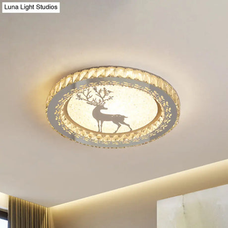 Simplicity Etched Deer/Flower Led Flushmount Light: Rectangular - Cut Crystal Ceiling Mount In