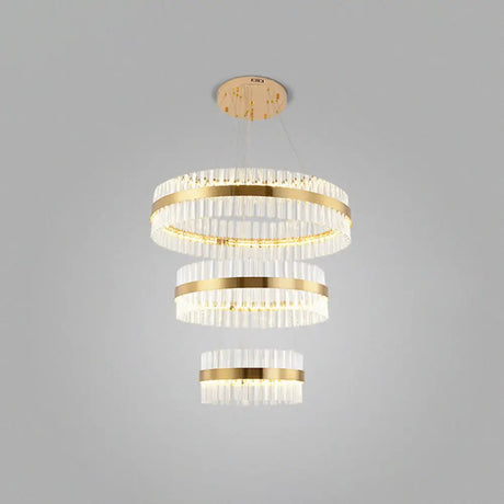Simplicity Gold Ring Chandelier With Clear Crystal Led Pendant Light For Living Room / 3 Tiers