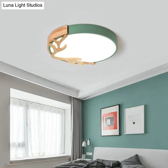 Simplicity Led Circle Flush Light With Antler Wood Decor For Bedroom Green / Small