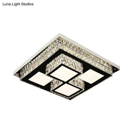 Simplicity Led Flush Mount Nickel Ceiling Light With Crystal Block Shade