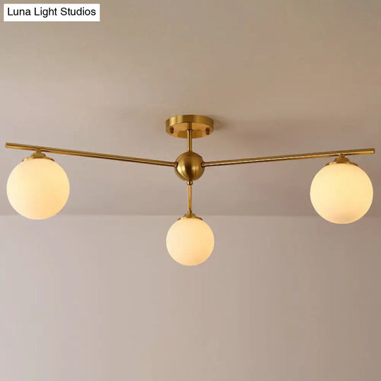Simplicity Milk Glass Globe Semi Flush Mount Light - 3-Bulb Antiqued Gold Ceiling Fixture