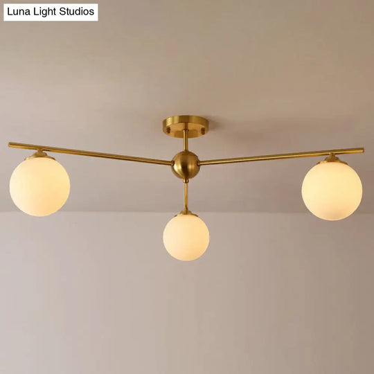 Simplicity Milk Glass Globe Semi Flush Mount Light - 3-Bulb Antiqued Gold Ceiling Fixture / Large