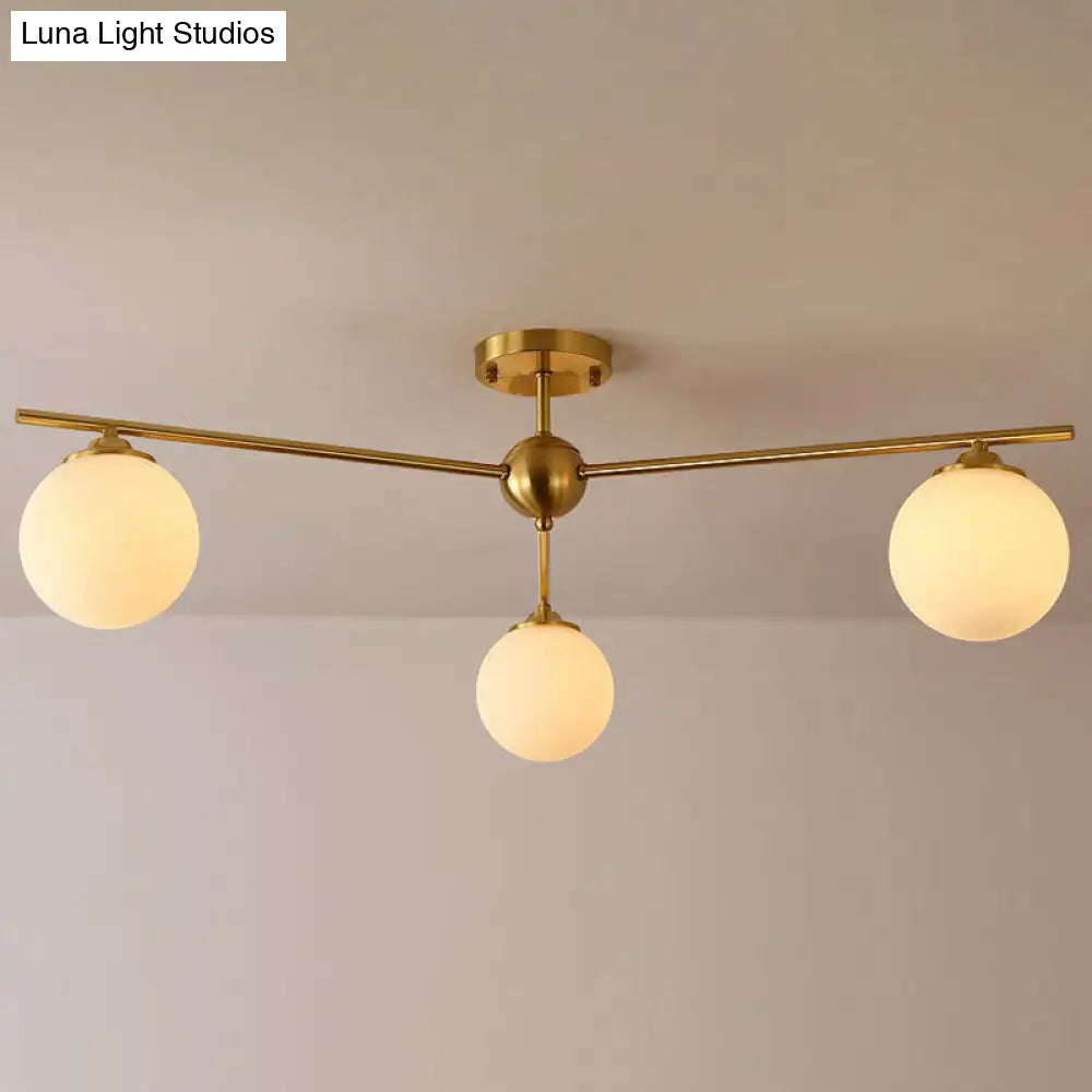 Simplicity Milk Glass Globe Semi Flush Mount Light - 3 - Bulb Antiqued Gold Ceiling Fixture